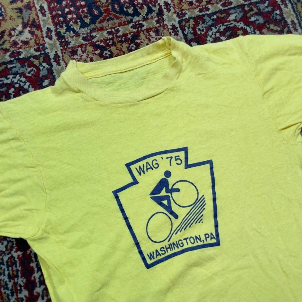 VTG Rare 1975 WAG Washington PA Bicycle T-Shirt Yellow Single 70s‎ S USA Cycling